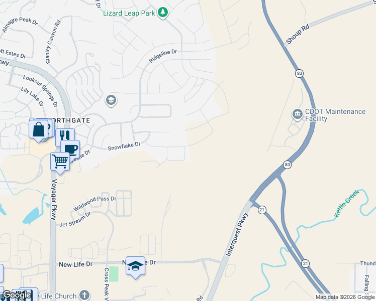 map of restaurants, bars, coffee shops, grocery stores, and more near 2125 Silver Creek Drive in Colorado Springs
