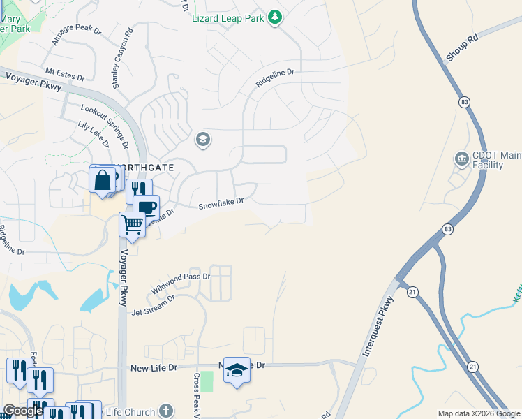 map of restaurants, bars, coffee shops, grocery stores, and more near 2029 Silver Creek Drive in Colorado Springs