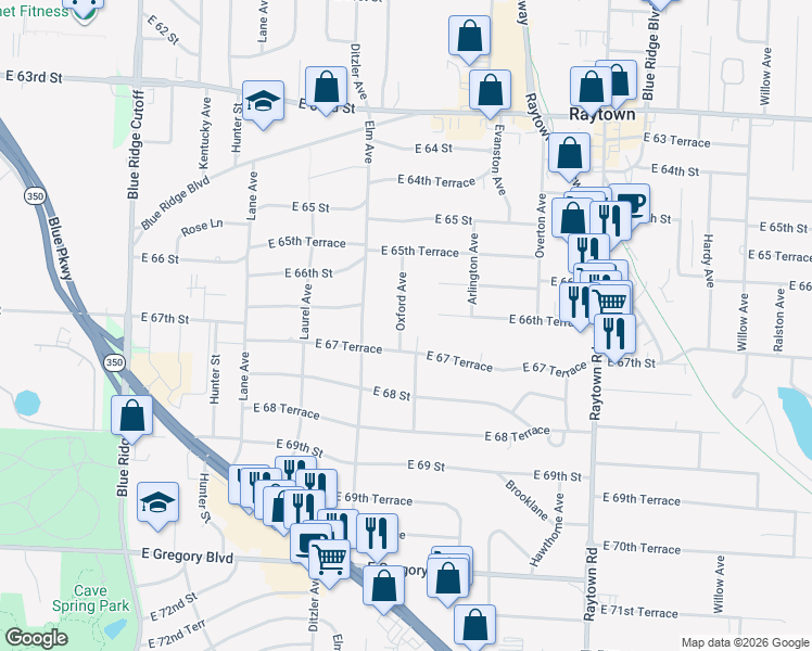 map of restaurants, bars, coffee shops, grocery stores, and more near 9354 East 67 Terrace in Raytown