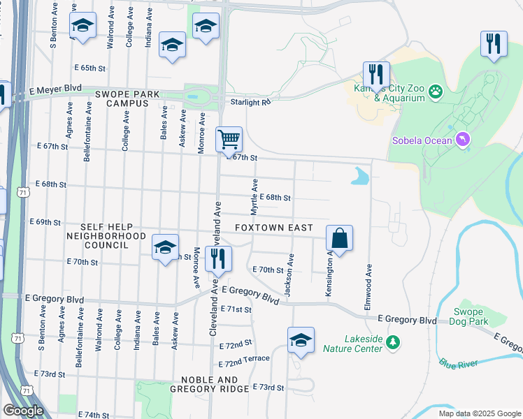map of restaurants, bars, coffee shops, grocery stores, and more near 4001 East 68th Terrace in Kansas City