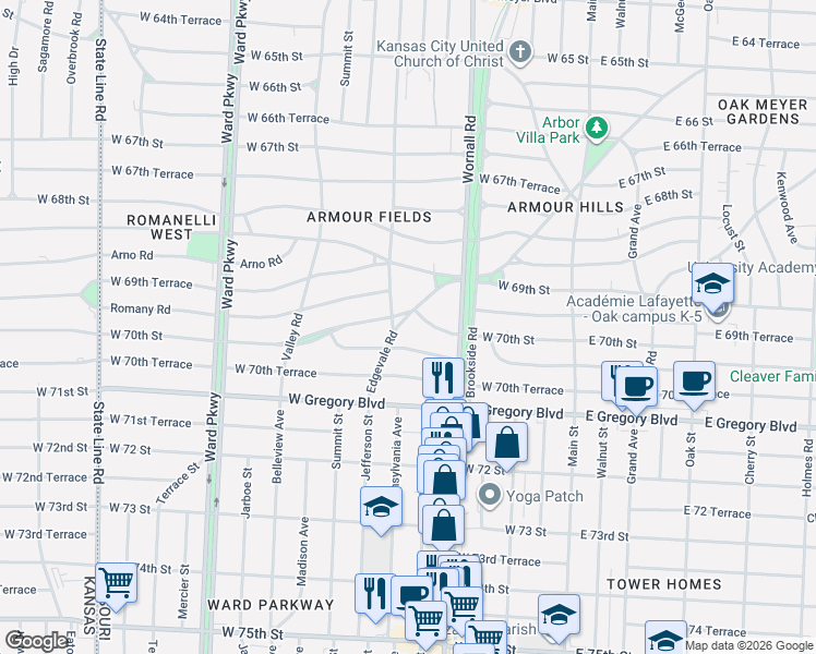 map of restaurants, bars, coffee shops, grocery stores, and more near 444 West Dartmouth Road in Kansas City