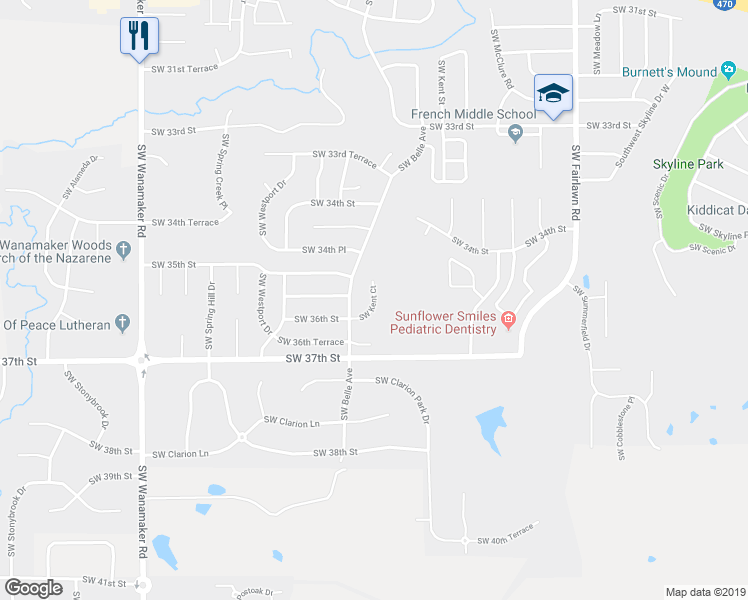 map of restaurants, bars, coffee shops, grocery stores, and more near 3521 Southwest Kent Court in Topeka