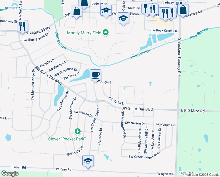map of restaurants, bars, coffee shops, grocery stores, and more near 644 Southwest Crestview Drive in Grain Valley
