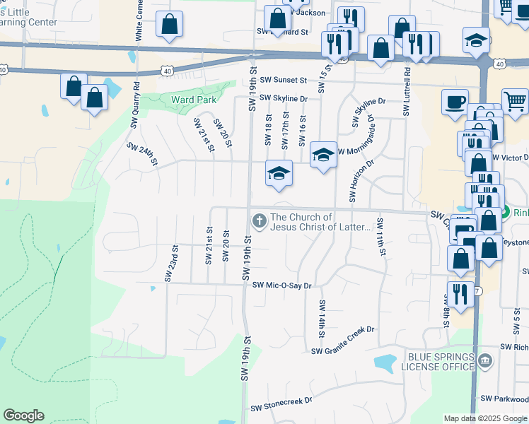map of restaurants, bars, coffee shops, grocery stores, and more near 1804 Southwest West View Circle in Blue Springs