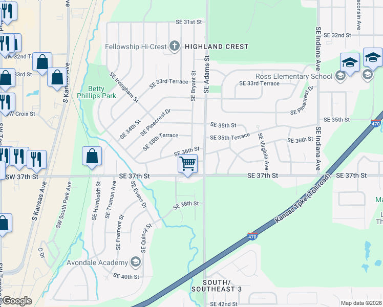 map of restaurants, bars, coffee shops, grocery stores, and more near 529 Southeast Colfax Place in Topeka