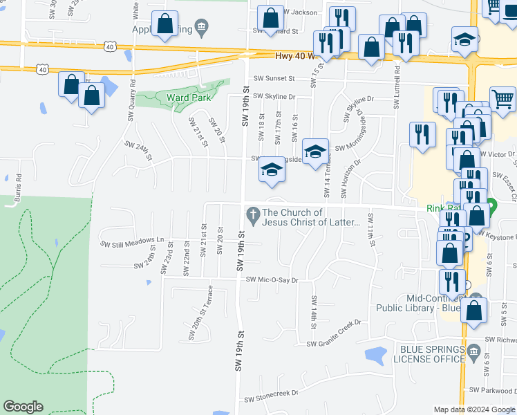 map of restaurants, bars, coffee shops, grocery stores, and more near 1809 Southwest West View Circle in Blue Springs