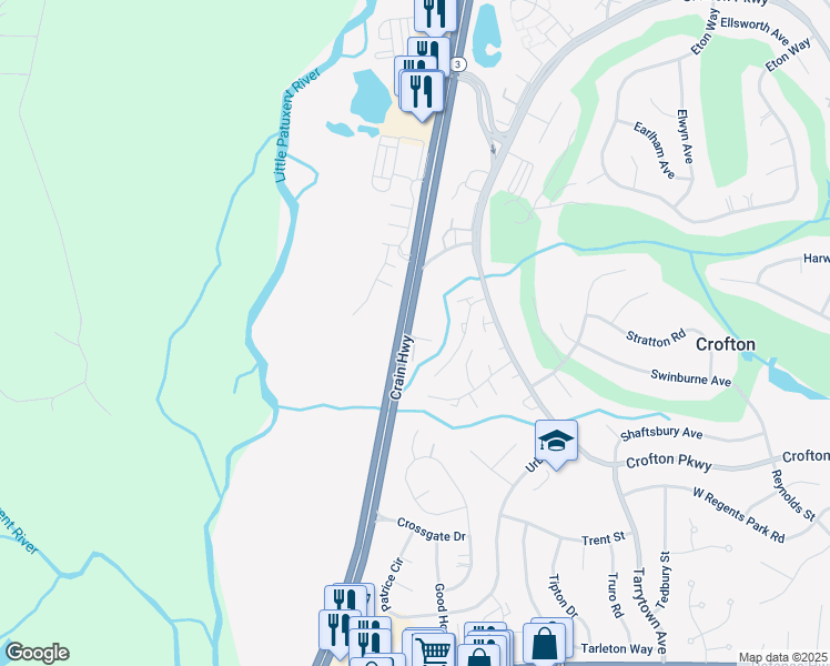map of restaurants, bars, coffee shops, grocery stores, and more near 1357 Robert Crain Highway in Crofton