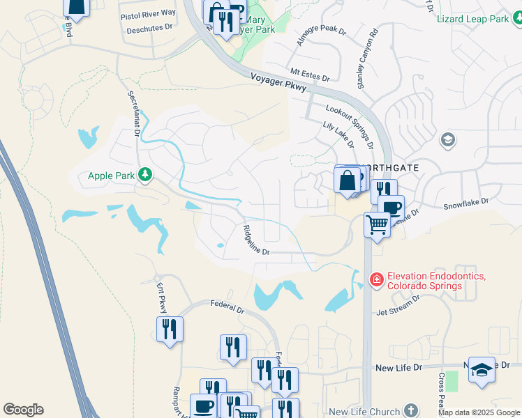 map of restaurants, bars, coffee shops, grocery stores, and more near 1127 Seabiscuit Drive in Colorado Springs