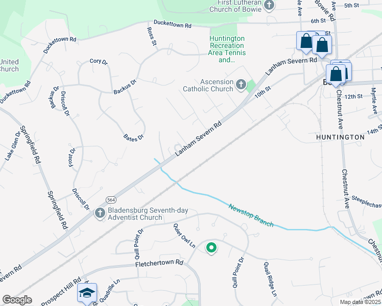 map of restaurants, bars, coffee shops, grocery stores, and more near 12333 Lanham Severn Road in Bowie