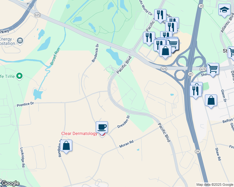 map of restaurants, bars, coffee shops, grocery stores, and more near 22260 Pacific Boulevard in Sterling