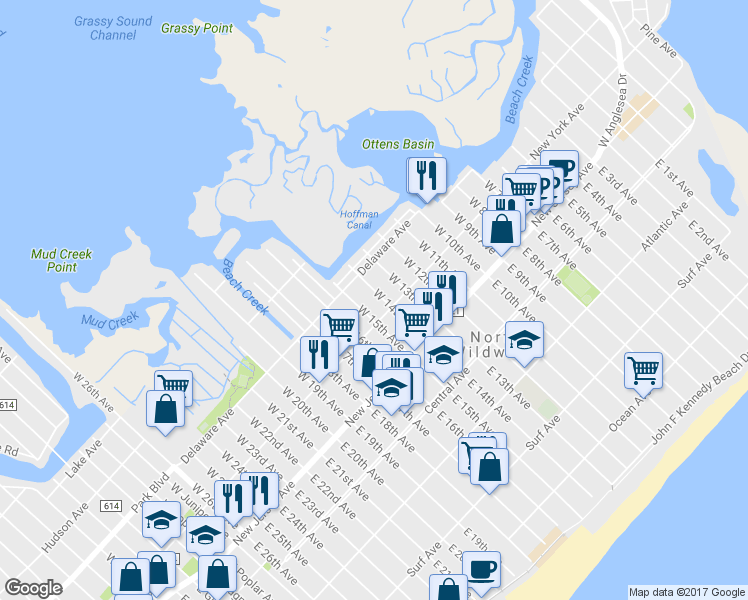 map of restaurants, bars, coffee shops, grocery stores, and more near 212 West 14th Avenue in North Wildwood