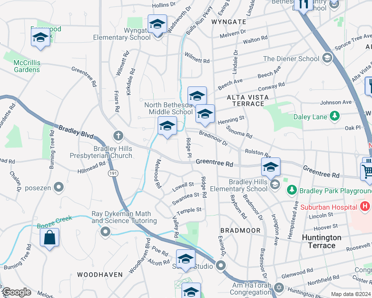 map of restaurants, bars, coffee shops, grocery stores, and more near 8912 Ridge Place in Bethesda