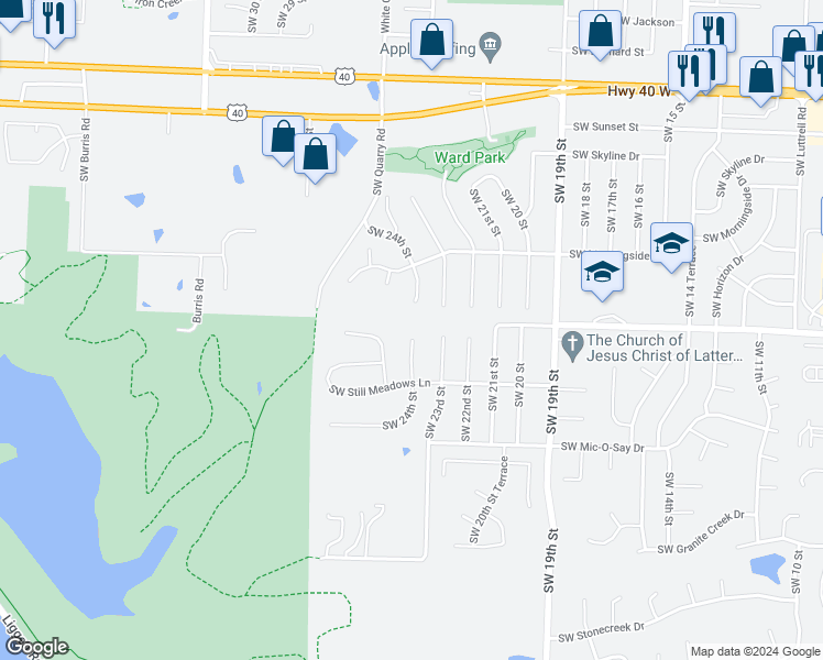 map of restaurants, bars, coffee shops, grocery stores, and more near 1403 Southwest 24th Street in Blue Springs