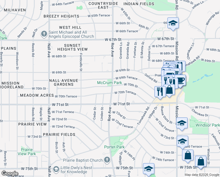 map of restaurants, bars, coffee shops, grocery stores, and more near 7041 Roe Avenue in Prairie Village