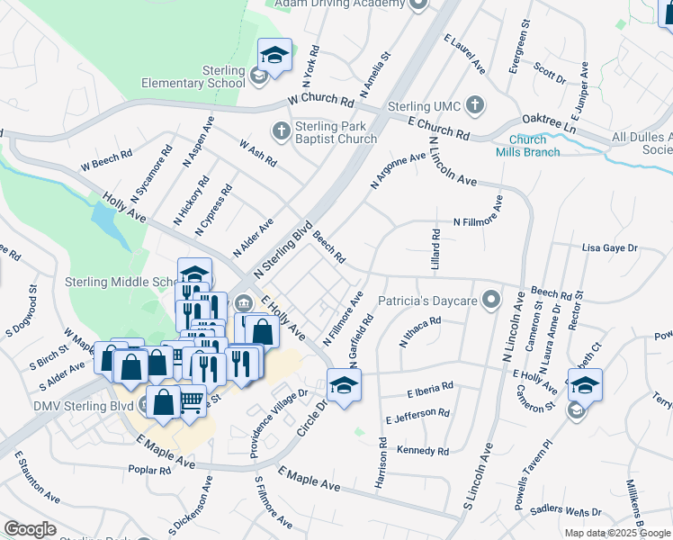 map of restaurants, bars, coffee shops, grocery stores, and more near 404 East Cornell Drive in Sterling