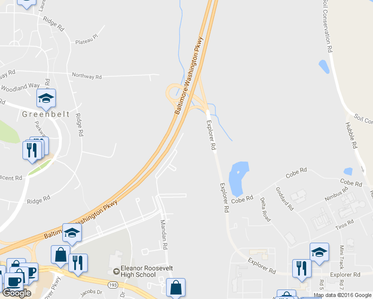 map of restaurants, bars, coffee shops, grocery stores, and more near 8013 Mandan Road in Greenbelt