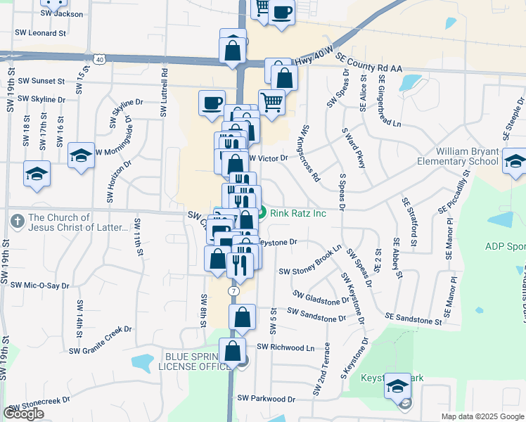 map of restaurants, bars, coffee shops, grocery stores, and more near 1412 Missouri 7 in Blue Springs