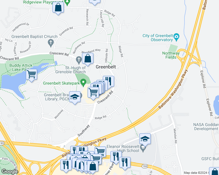 map of restaurants, bars, coffee shops, grocery stores, and more near 51 Crescent Road in Greenbelt