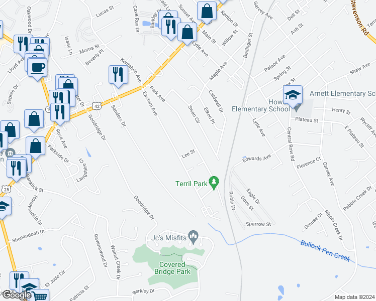map of restaurants, bars, coffee shops, grocery stores, and more near 106 Lee Street in Elsmere