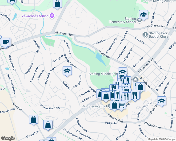 map of restaurants, bars, coffee shops, grocery stores, and more near 502 West Maple Avenue in Sterling