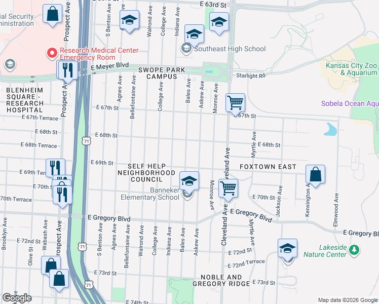 map of restaurants, bars, coffee shops, grocery stores, and more near 6844 Bales Avenue in Kansas City