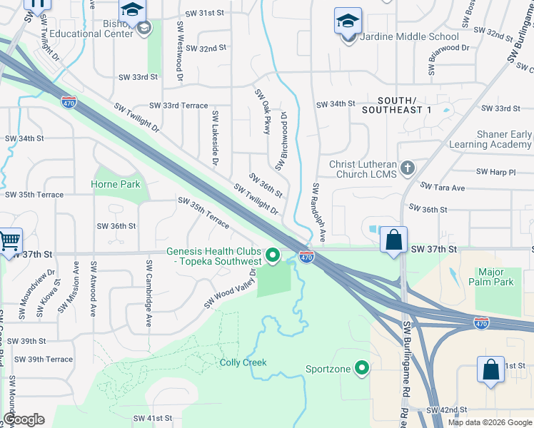 map of restaurants, bars, coffee shops, grocery stores, and more near 2901 Southwest Twilight Drive in Topeka
