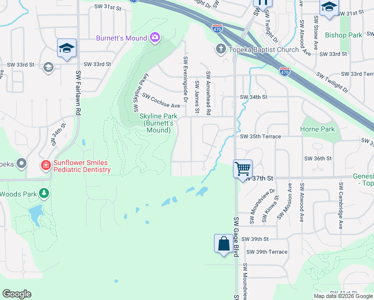 map of restaurants, bars, coffee shops, grocery stores, and more near 4808 Southwest 36th Terrace in Topeka