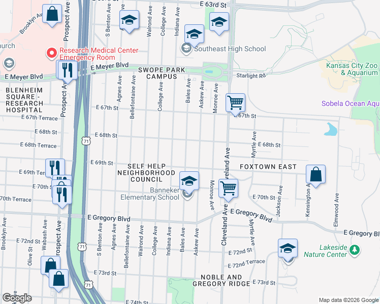 map of restaurants, bars, coffee shops, grocery stores, and more near 6844 Bales Avenue in Kansas City