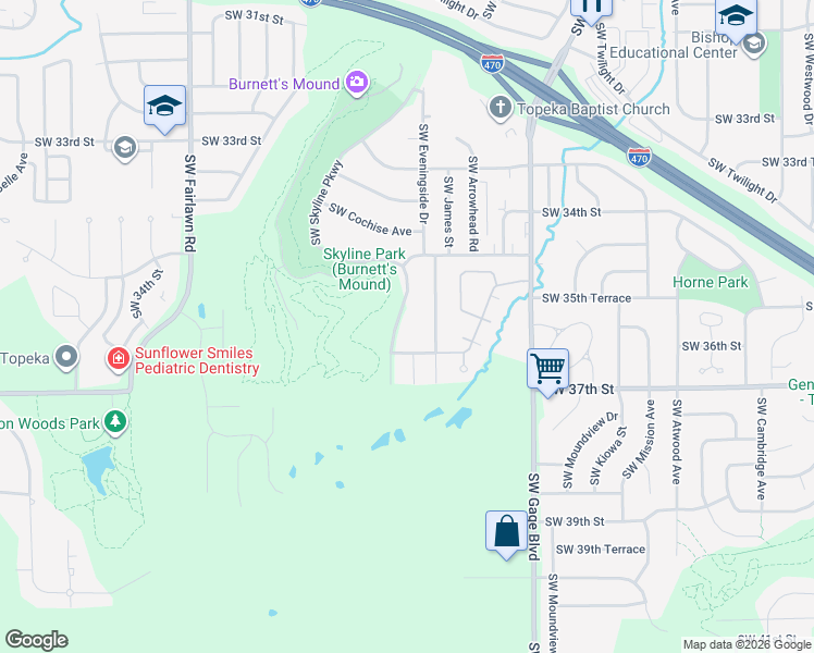 map of restaurants, bars, coffee shops, grocery stores, and more near 4808 Southwest 36th Terrace in Topeka