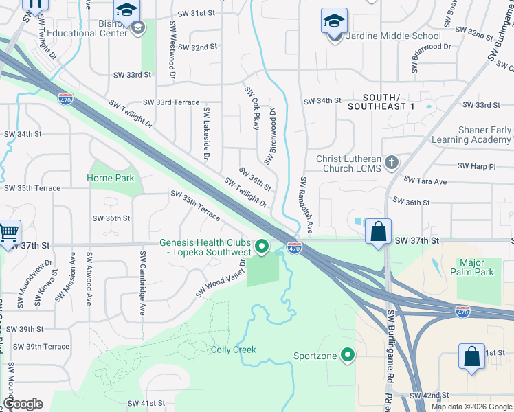 map of restaurants, bars, coffee shops, grocery stores, and more near 2901 Southwest Twilight Drive in Topeka