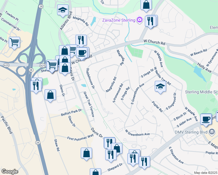 map of restaurants, bars, coffee shops, grocery stores, and more near 139 Magnolia Road in Sterling