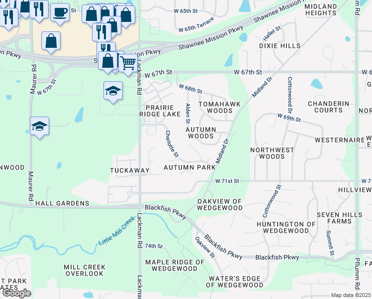 map of restaurants, bars, coffee shops, grocery stores, and more near 14712 West 70th Street in Shawnee