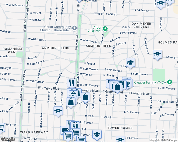 map of restaurants, bars, coffee shops, grocery stores, and more near 109 West 69th Street in Kansas City