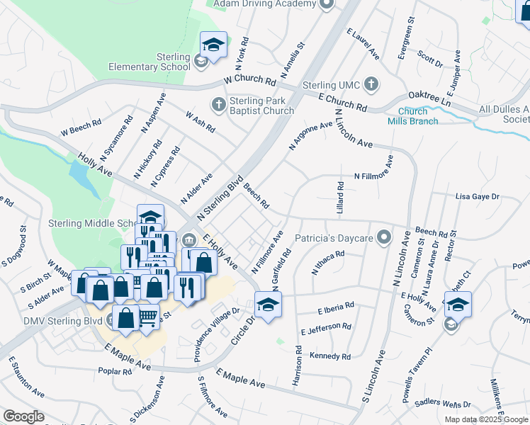 map of restaurants, bars, coffee shops, grocery stores, and more near 404 East Cornell Drive in Sterling