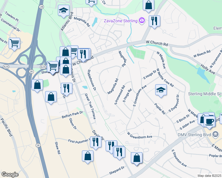 map of restaurants, bars, coffee shops, grocery stores, and more near 139 Magnolia Road in Sterling
