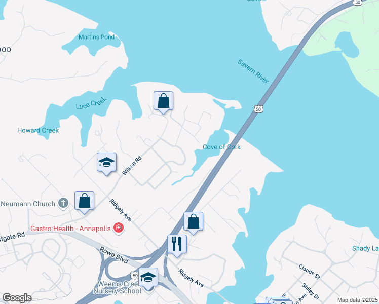 map of restaurants, bars, coffee shops, grocery stores, and more near 1843 Lindamoor Drive in Annapolis