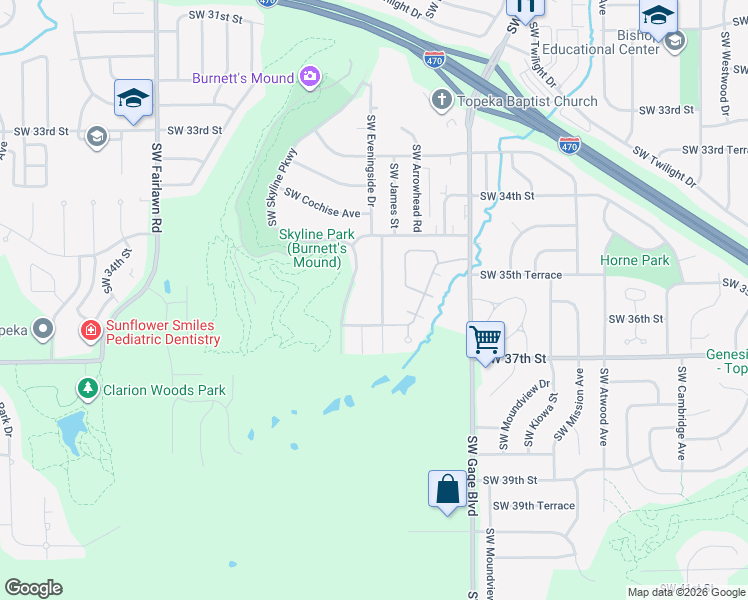 map of restaurants, bars, coffee shops, grocery stores, and more near 3533 Southwest Eveningside Drive in Topeka