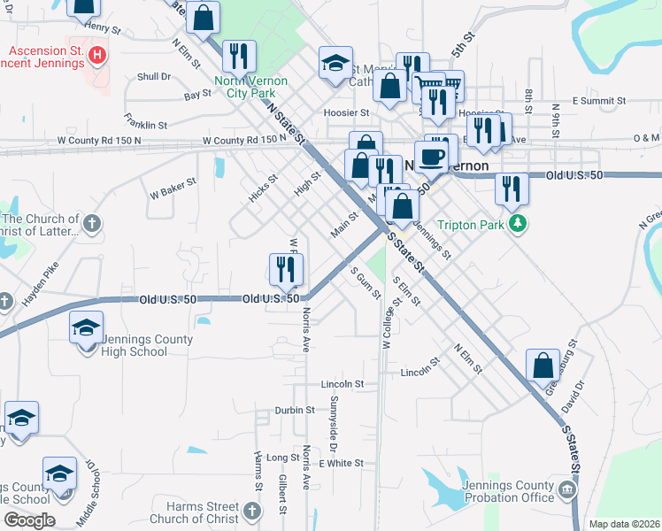 map of restaurants, bars, coffee shops, grocery stores, and more near 18 North Gum Street in North Vernon