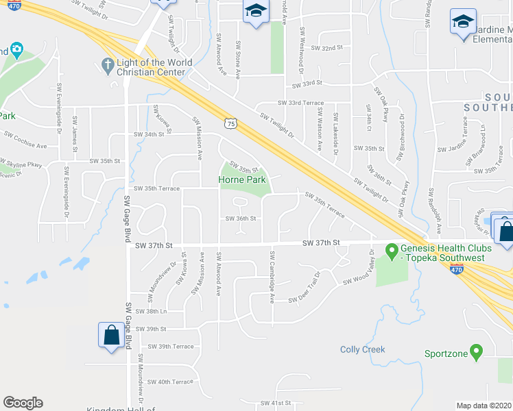 map of restaurants, bars, coffee shops, grocery stores, and more near 3549 Southwest Cambridge Avenue in Topeka