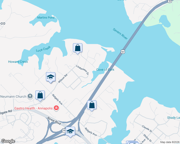 map of restaurants, bars, coffee shops, grocery stores, and more near 1843 Lindamoor Drive in Annapolis