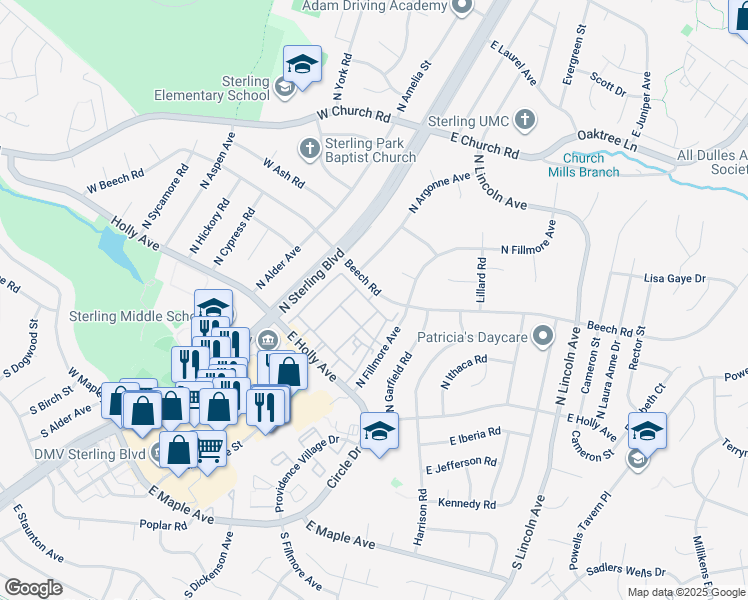 map of restaurants, bars, coffee shops, grocery stores, and more near 400 East Cornell Drive in Sterling