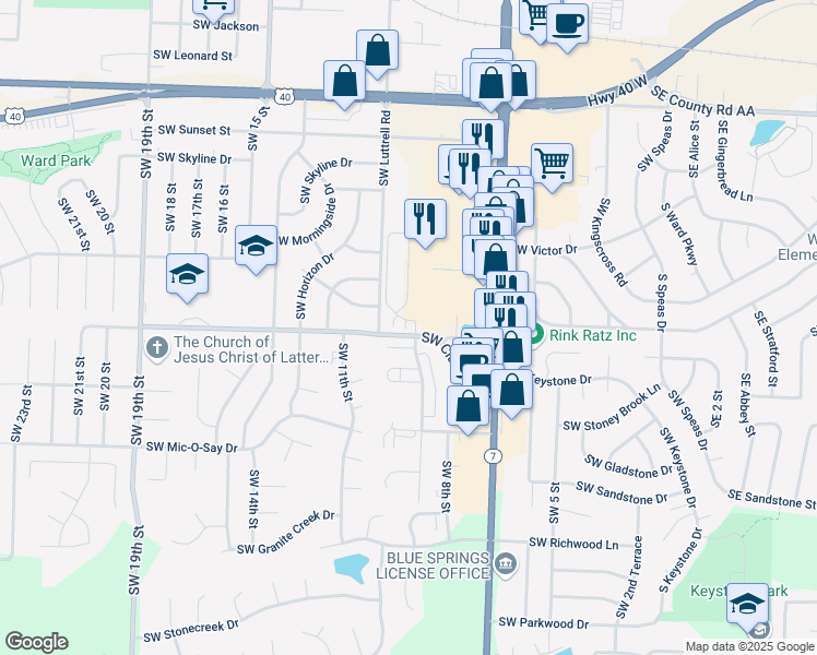 map of restaurants, bars, coffee shops, grocery stores, and more near 925 Southwest Clark Road in Blue Springs
