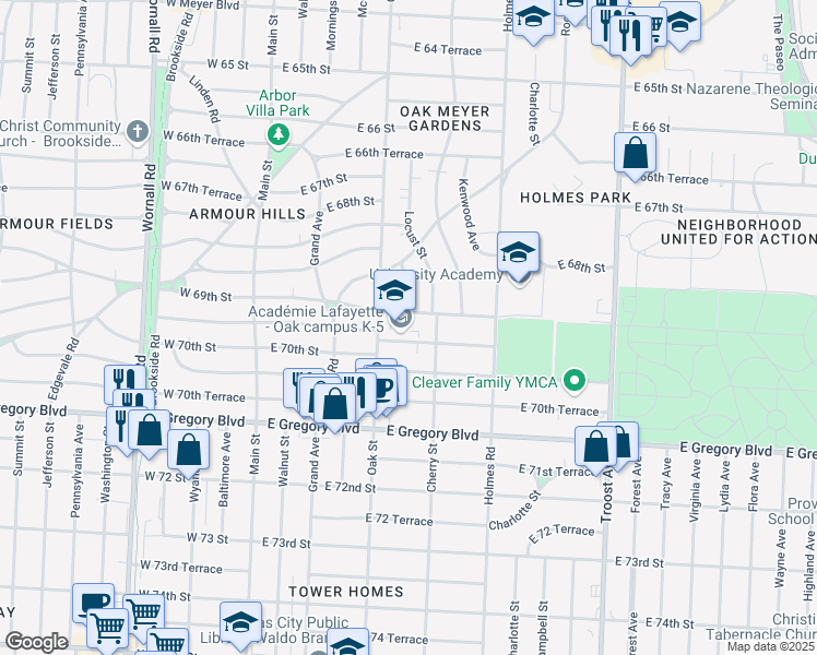 map of restaurants, bars, coffee shops, grocery stores, and more near 6848 Locust Street in Kansas City