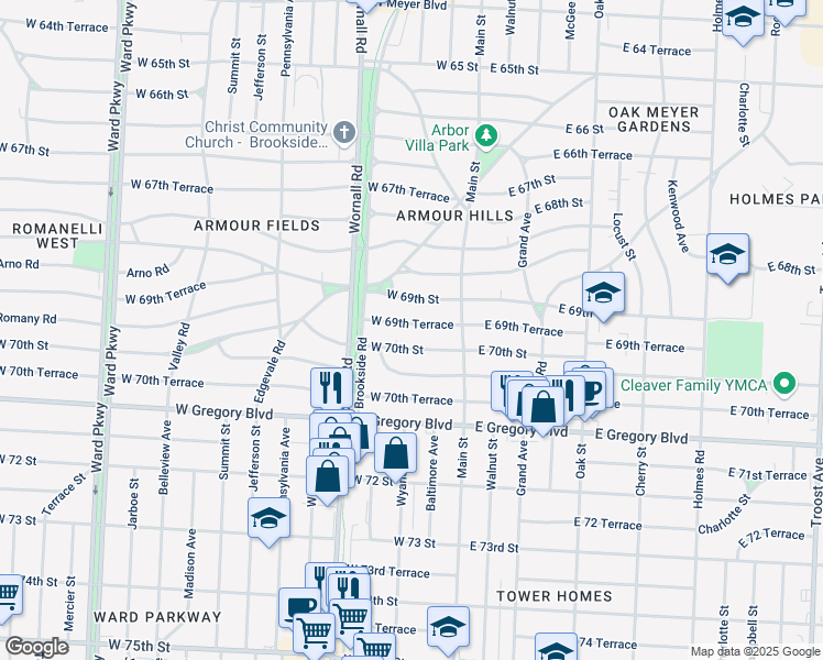 map of restaurants, bars, coffee shops, grocery stores, and more near 109 West 69th Street in Kansas City
