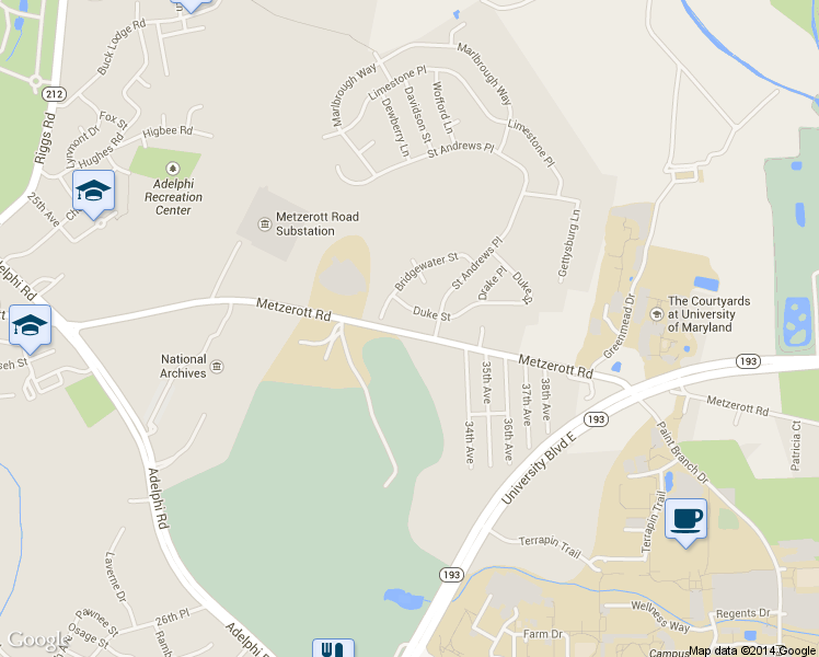 map of restaurants, bars, coffee shops, grocery stores, and more near 3410 Metzerott Road in College Park