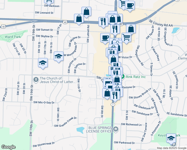 map of restaurants, bars, coffee shops, grocery stores, and more near 925 Southwest Clark Road in Blue Springs