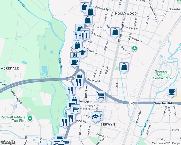 map of restaurants, bars, coffee shops, grocery stores, and more near 4707 Catawba Road in College Park