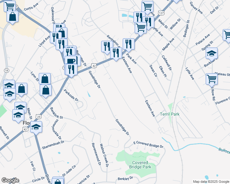 map of restaurants, bars, coffee shops, grocery stores, and more near 34 Sanders Drive in Florence