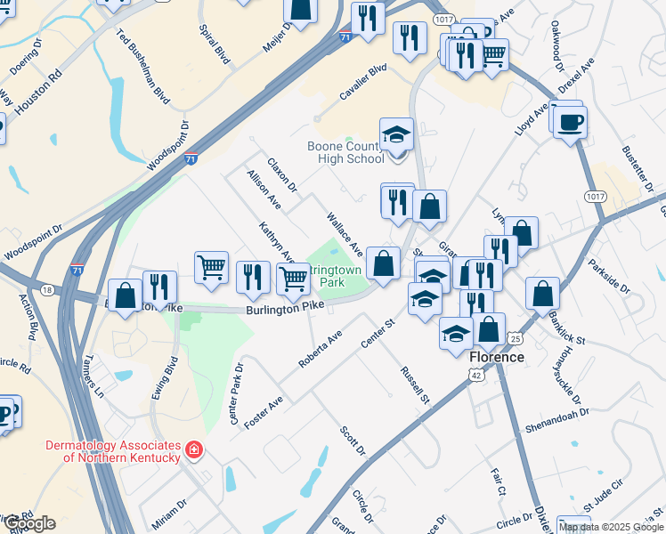 map of restaurants, bars, coffee shops, grocery stores, and more near 7340 Burlington Pike in Florence
