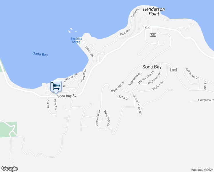 map of restaurants, bars, coffee shops, grocery stores, and more near 3260 Westridge Drive in Kelseyville